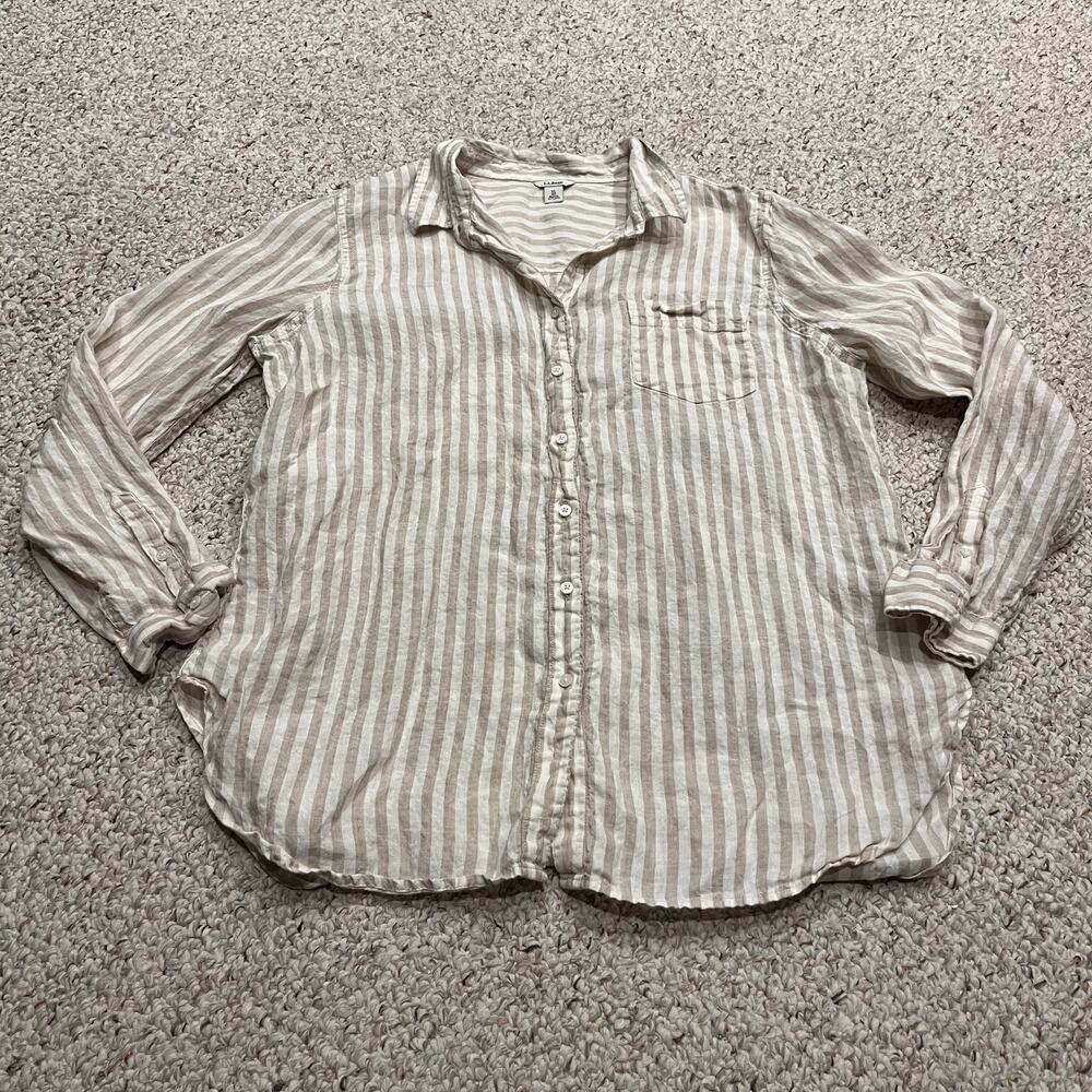 LL Bean Washable Linen Shirt XL Tunic Stripe Tan Cream Coastal Preppy Classic